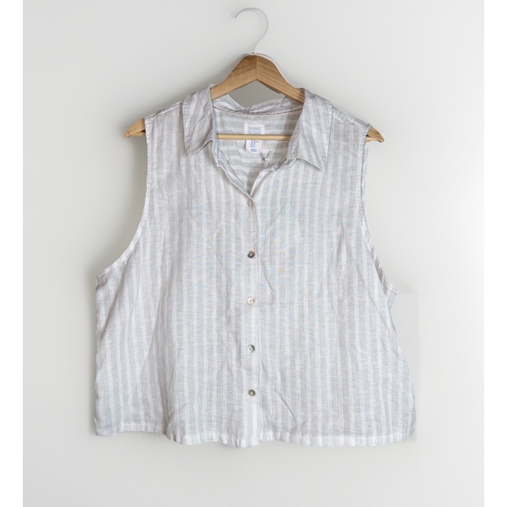 Sigrid Olsen Linen Blend Sleeveless Button Up Crop Top XL NWT Tan Beige Stripes